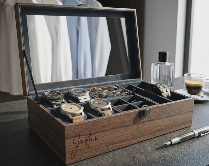 Personalized Wood Watch Box and Jewelry Case for Men, Custom Engraved Valet Organizer with Glass Lid, Gift For Him