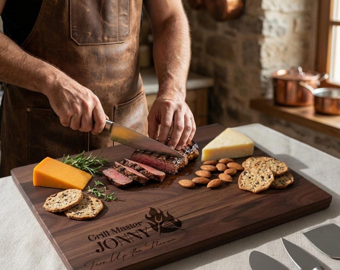 Personalized Cutting Board for Grill Master, Custom Engraved Charcuterie Platter with Chef Design, Personalized BBQ Gift for Him