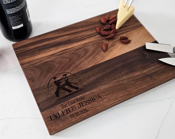 Personalized Cutting Board – Couple Kung Fu: Custom Engraved Charcuterie Board, Martial Arts Enthusiasts, Fighting Stance, Anniversary Gift