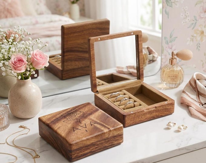 Personalized Wood Jewelry Box with Mirror | Custom Travel Case & Birth Flower Bridesmaid Gift