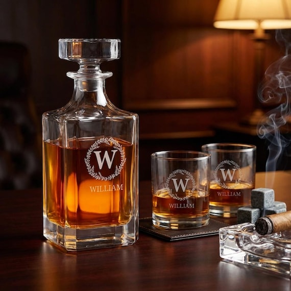 1,500+ favorites don't lie — a deeply personalized, monogrammed whiskey decanter set that's become a go-to premium groomsmen gift with real maker demand behind it.
