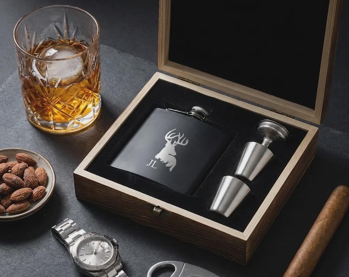 Personalized Stainless Steel Flask Set with Engraved Wood Box, Custom Groomsmen Gift