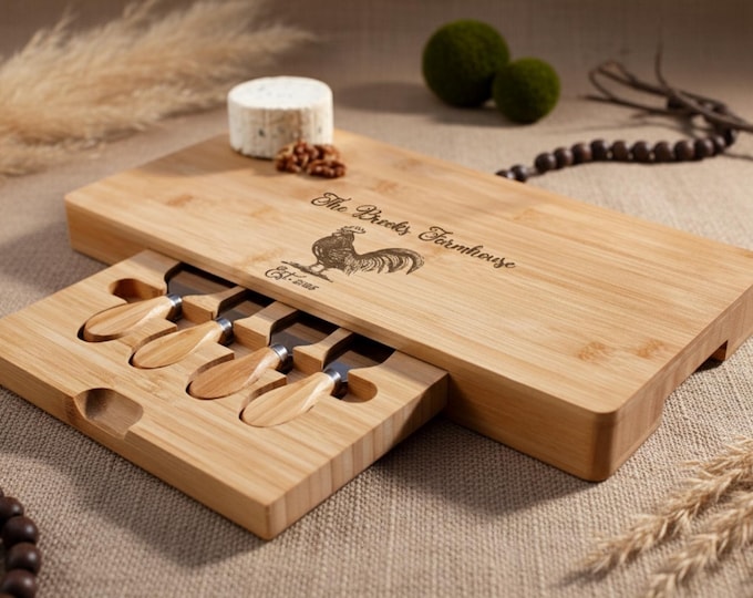 Personalized Charcuterie Board – Farmhouse Themed: Custom Engraved Cheese Board, Housewarming, Kitchen Decor, Rooster Design, Couple Gift
