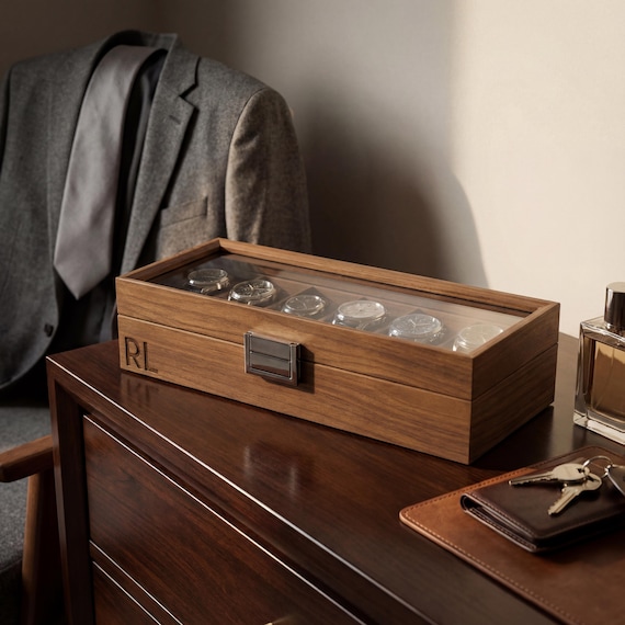 Custom Engraved Watch Box - 6-Watch veneered walnut Case for Men, Personalized Watch Storage, Ideal Gift for Him, Christmas Gift