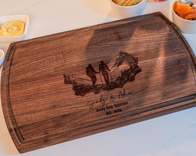 Personalized Cutting Board – Hiking Couple: Custom Charcuterie Board | Adventure, Anniversary, Engagement, Housewarming Party, Wedding Gift