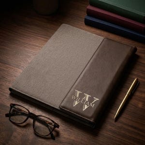 May include: A rectangular portfolio folder featuring a textured grey fabric cover and a smooth dark brown leather-like panel on the right side. The brown panel is embossed with the letter W and the name WILLIAM. A gold pen and glasses are nearby.