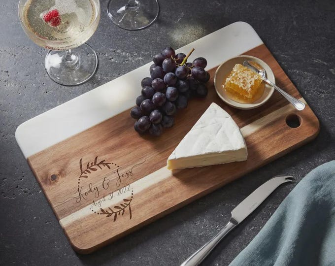 Personalized Marble Wood Charcuterie Board - Engraved Laurel Wreath Serving Tray - Custom Wedding Anniversary Gift