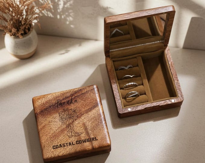 Personalized Travel Jewelry Box - Coastal Cowgirl: Custom Engraved Wooden Jewelry Organizer, Gift for Bridesmaids, Grandmas, Mother’s Day