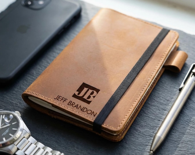 Personalized Crazy Horse Leather Journal, Refillable Travel Notebook with 4 Card Slots, Executive Gift