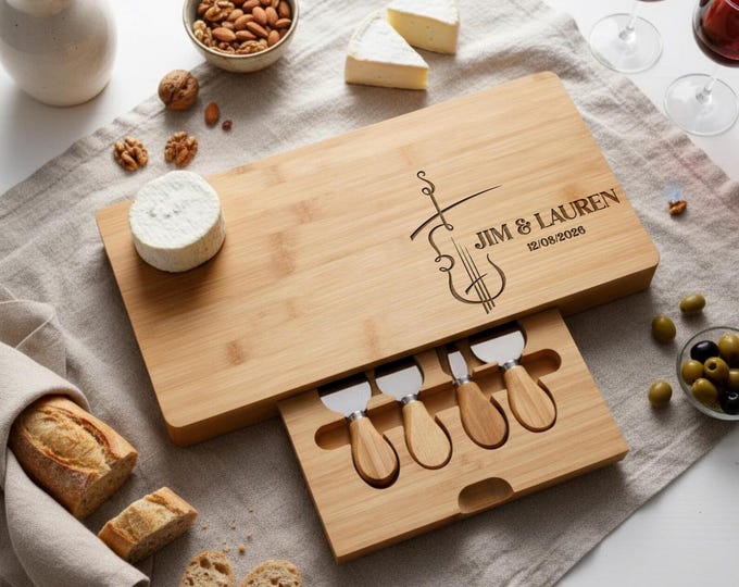 Personalized Bamboo Charcuterie Board: Violin Design, Engraved Gift