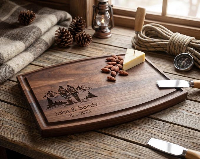 Personalized Cutting Board, Hiking Couple: Custom Engraved Charcuterie Board, Gift For Hikers & Nature Lovers – Housewarming, Hosting Gift