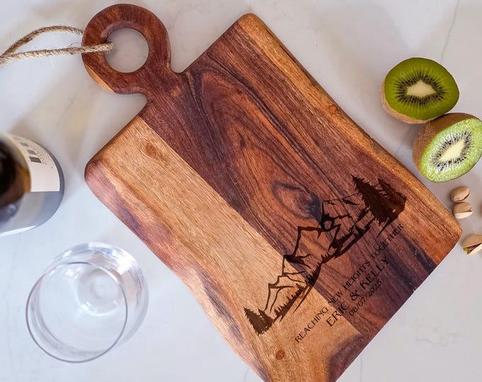 Personalized Live Edge Cutting Board, Rustic Wedding: Charcuterie Board, Gift For the Couple, Cottage Gift, Kitchen Gift, Mountains View