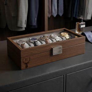 Custom Engraved Watch Box - 6-Watch Veneered Walnut Case for Men, Personalized Watch Storage, Ideal Gift for Him, Christmas Gift