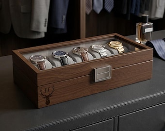 Custom Engraved Watch Box - 6-Watch Veneered Walnut Case for Men, Personalized Watch Storage, Ideal Gift for Him, Christmas Gift