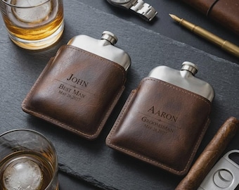 Personalized Genuine Leather Hip Flask, Custom Engraved Stainless Steel Groomsmen Gift