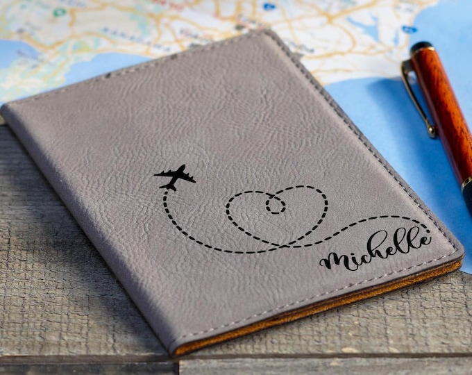 Personalized Passport Cover – Custom Engraved Vegan Leather with Heart & Airplane, Add Your Name for a Unique Travel Gift