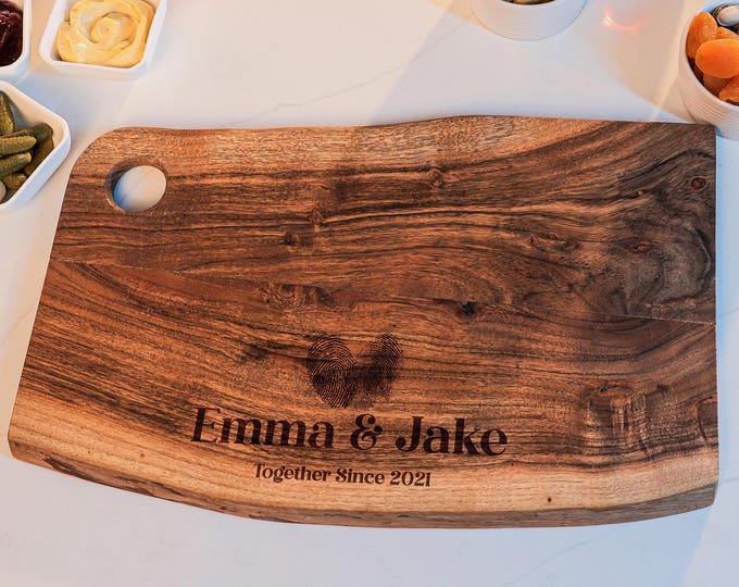 Personalized Live Edge Cutting Board - Couple Heart Fingerprints - Rustic Custom Engraved Charcuterie Board: Anniversary & Housewarming Gift