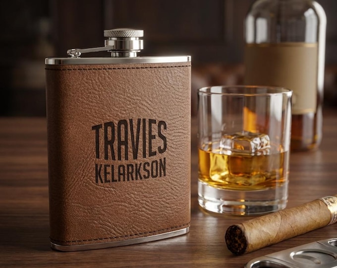 Personalized Vegan Leather Flask for Men, Custom Engraved 6oz Hip Flask, Groomsmen Gift