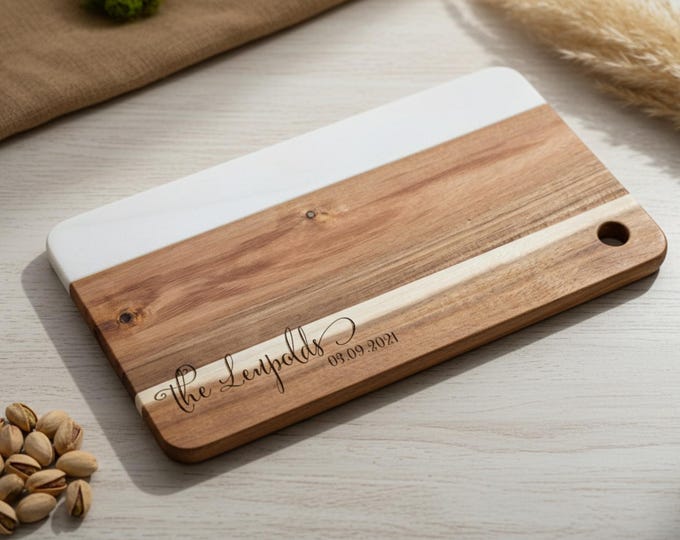 Personalized Wood and Marble Charcuterie Board: Custom Engraved Gift For The Couple