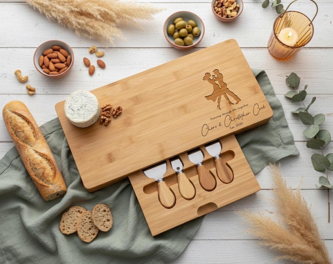 Personalized Dancing Couple Charcuterie Board: Engraved Bamboo Cheese Board