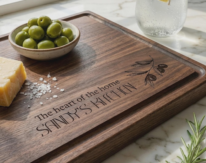 Personalized Cutting Board for Her, Custom Engraved Mom's Kitchen Tray, Heart of the Home Olive Branch Wood Charcuterie Platter