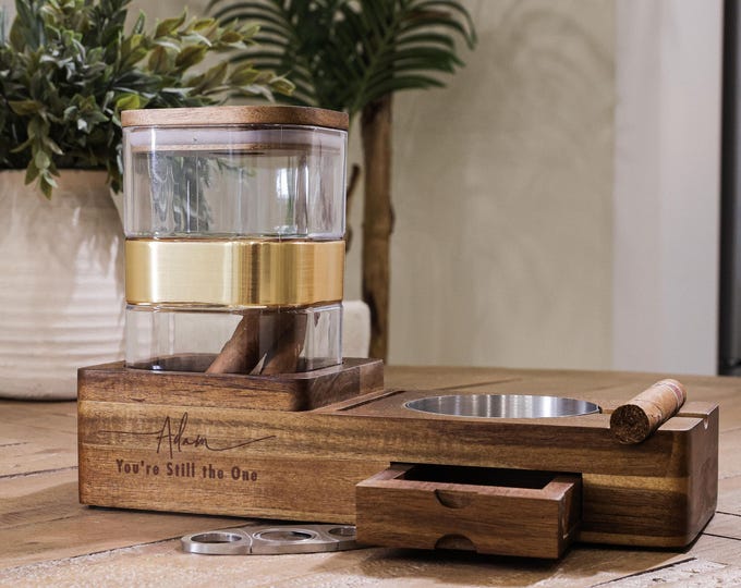 Personalized Cigar Ashtray and Humidor Set - Wedding Anniversary Present: Smoking Accessories Gift for Husband, Boyfriend, Birthday