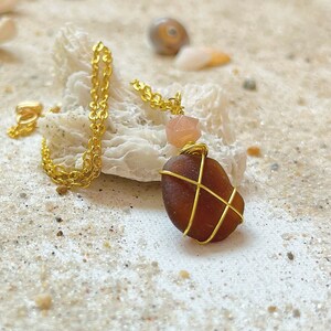 Simple Brown Sea Glass Necklace with Sunstone Crystal