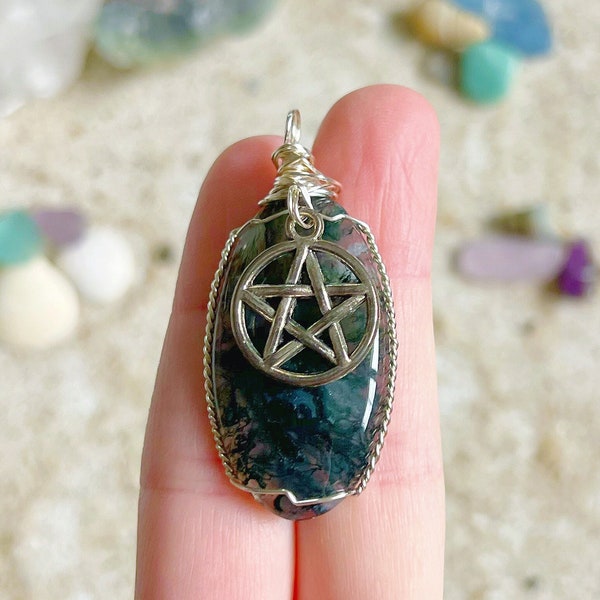 Moss Agate Crystal Necklace with Silver Pentacle Charm