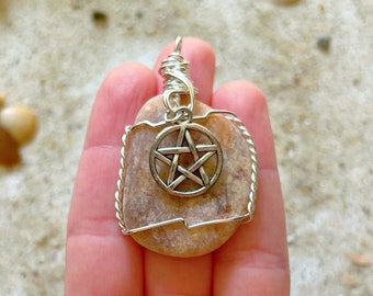 Wire Wrapped Pink Beach Stone with Pentacle Charm