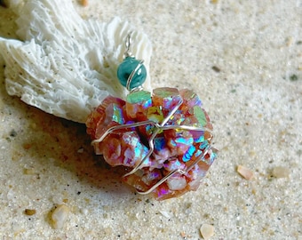 Aura Aragonite Cluster Necklace with Teal Fluorite Crystal Bead