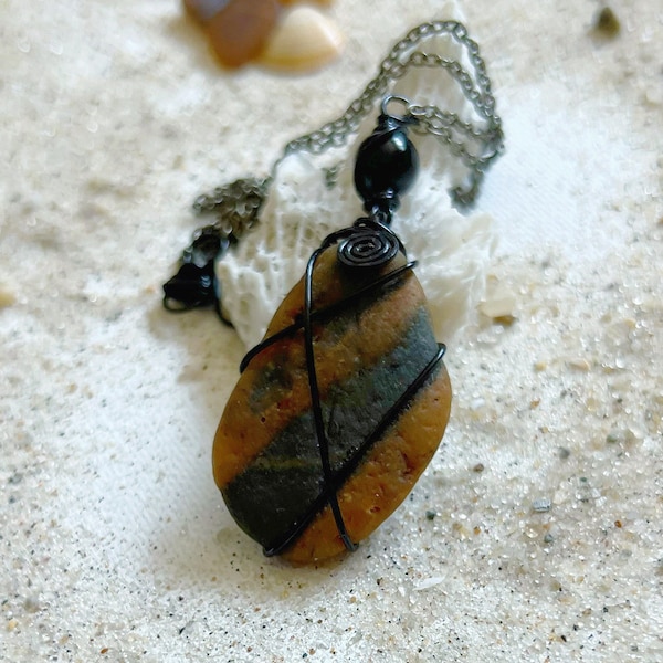 Natural Beach Stone Necklace Wire Wrapped in Black Wire