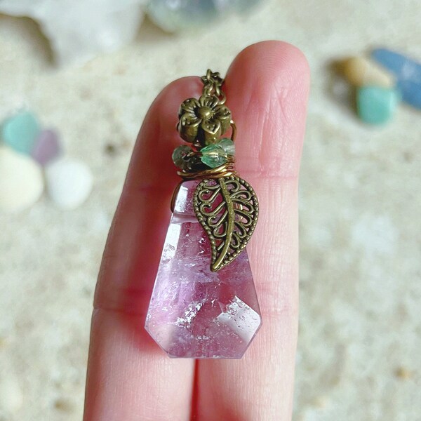 Amethyst Crystal Jewel Necklace Wire Wrapped with Flower and Leaf Charms