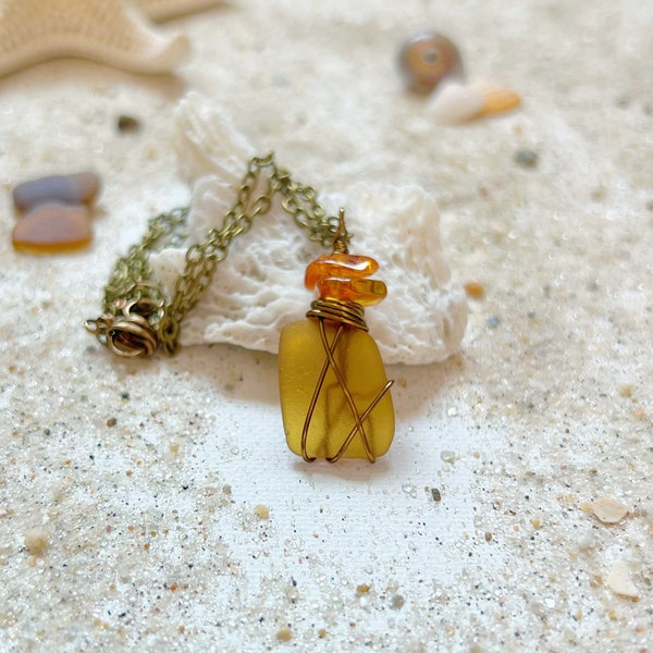 Dainty Amber Sea Glass Necklace on Brass Chain