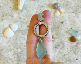 Infinity Circle "STRENGTH" Mantra Necklace with Aqua Sea Glass