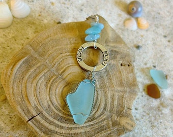 Infinity Circle "FOCUS" Mantra Necklace with Aqua Blue Sea Glass