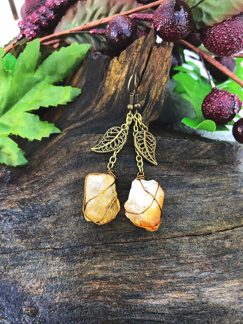 Raw Citrine Earrings Wire Wrapped Citrine Earrings Honey Bee Earrings Bumble Bee Earrings