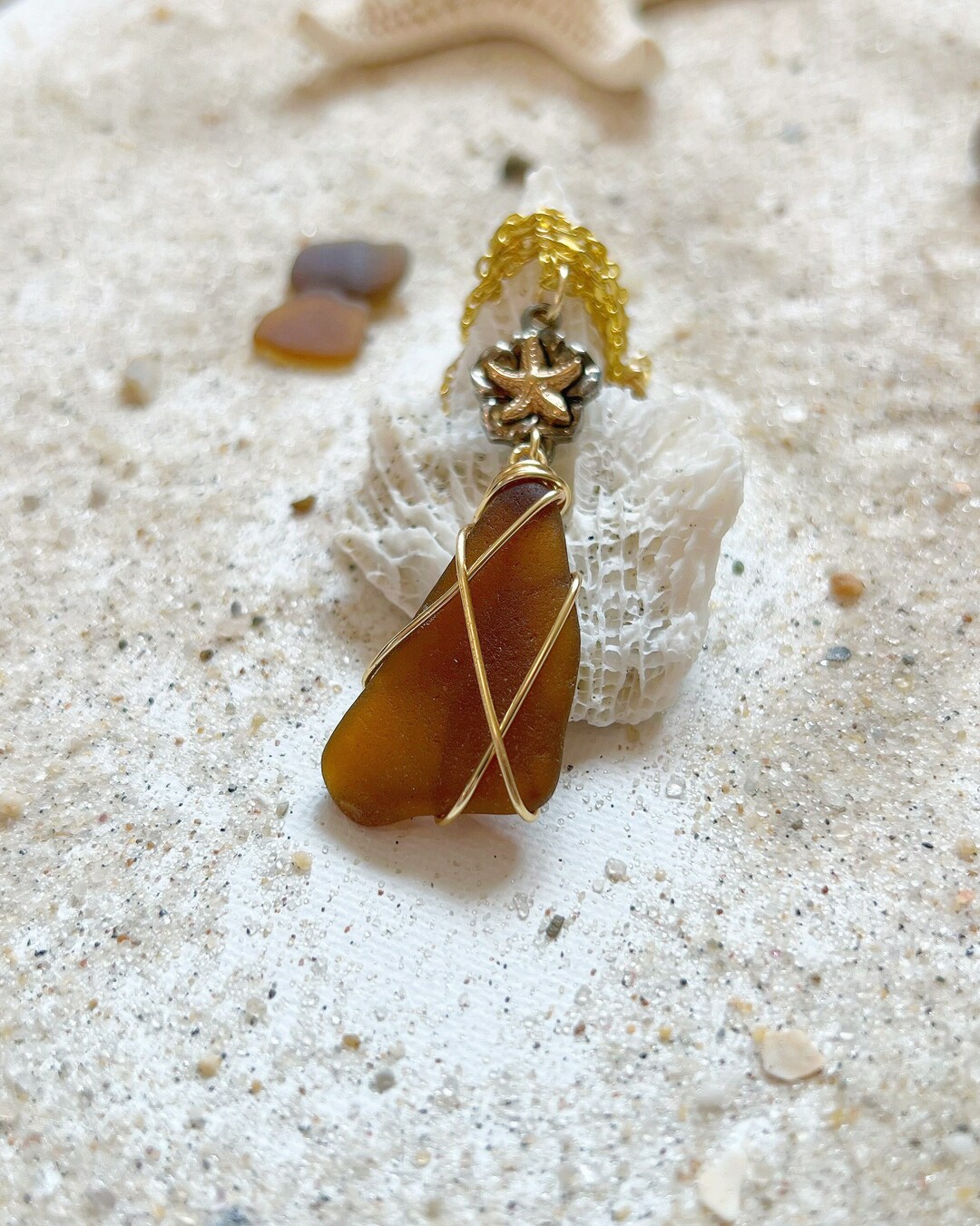 Mixed Metal Starfish Necklace With Brown Sea Glass Charm - Etsy