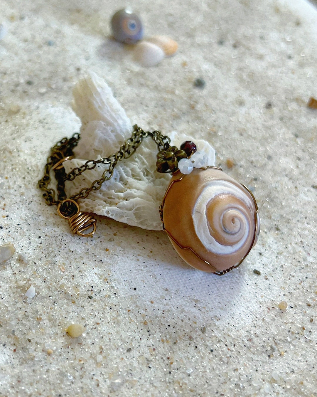 Wire Wrapped Moonsnail Shell Boob Necklace With Garnet