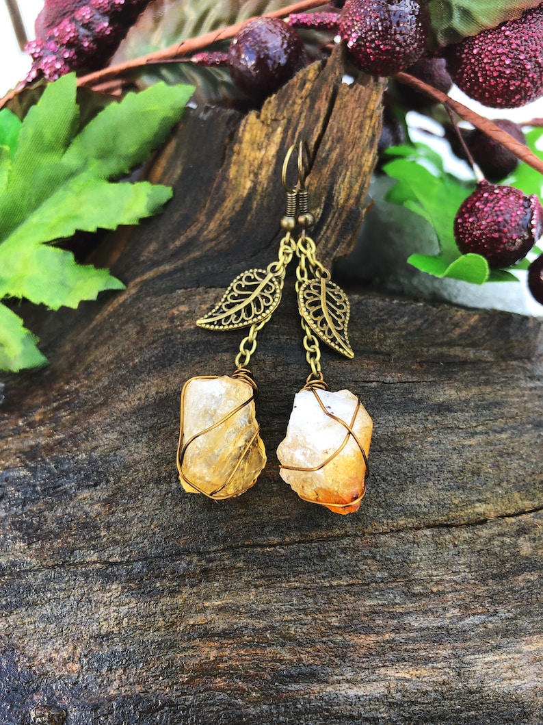 Raw Citrine Earrings Wire Wrapped Citrine Earrings Honey Bee Earrings Bumble Bee Earrings