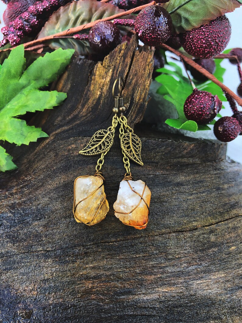 Raw Citrine Earrings Wire Wrapped Citrine Earrings Honey Bee Earrings Bumble Bee Earrings