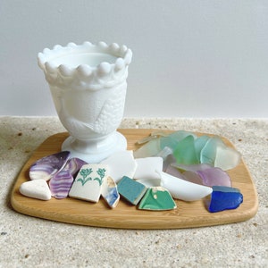 Sea Glass and Seashell Bundle with Westmoreland Peacock Pattern Milk Glass Goblet