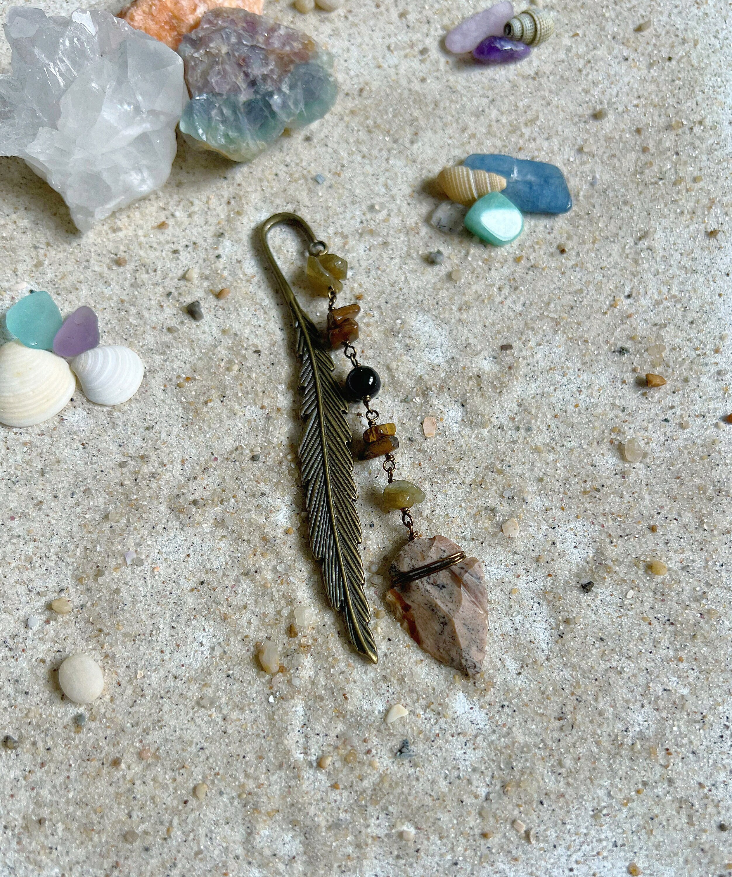 Wire Wrapped Arrowhead Crystal Bookmark with Tigers Eye and Labradorite