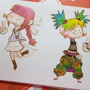 May include: Hand-drawn illustration of two cartoon characters. The character on the left is wearing a purple shirt, white skirt, and pink hair. The character on the right is wearing a black and white shirt, green pants, and yellow hair.