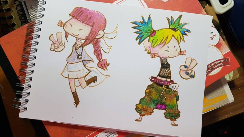 May include: Hand-drawn illustration of two cartoon characters. The character on the left is wearing a purple shirt, white skirt, and pink hair. The character on the right is wearing a black and white shirt, green pants, and yellow hair.