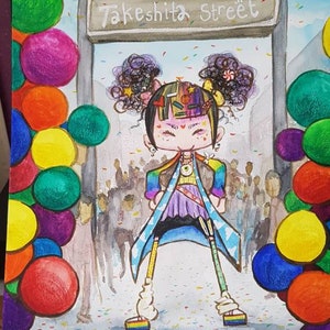 May include: A watercolor illustration of a cartoon girl with colorful hair and a rainbow jacket standing in front of a sign that says "Takeshita Street". The girl is surrounded by colorful balloons and confetti.