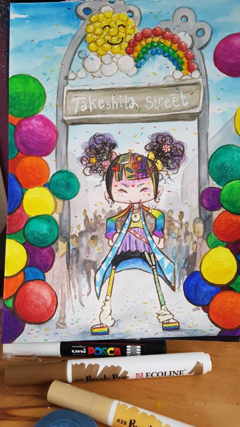 May include: A watercolor illustration of a cartoon girl with colorful hair and a rainbow jacket standing in front of a sign that says "Takeshita Street". The girl is surrounded by colorful balloons and confetti.