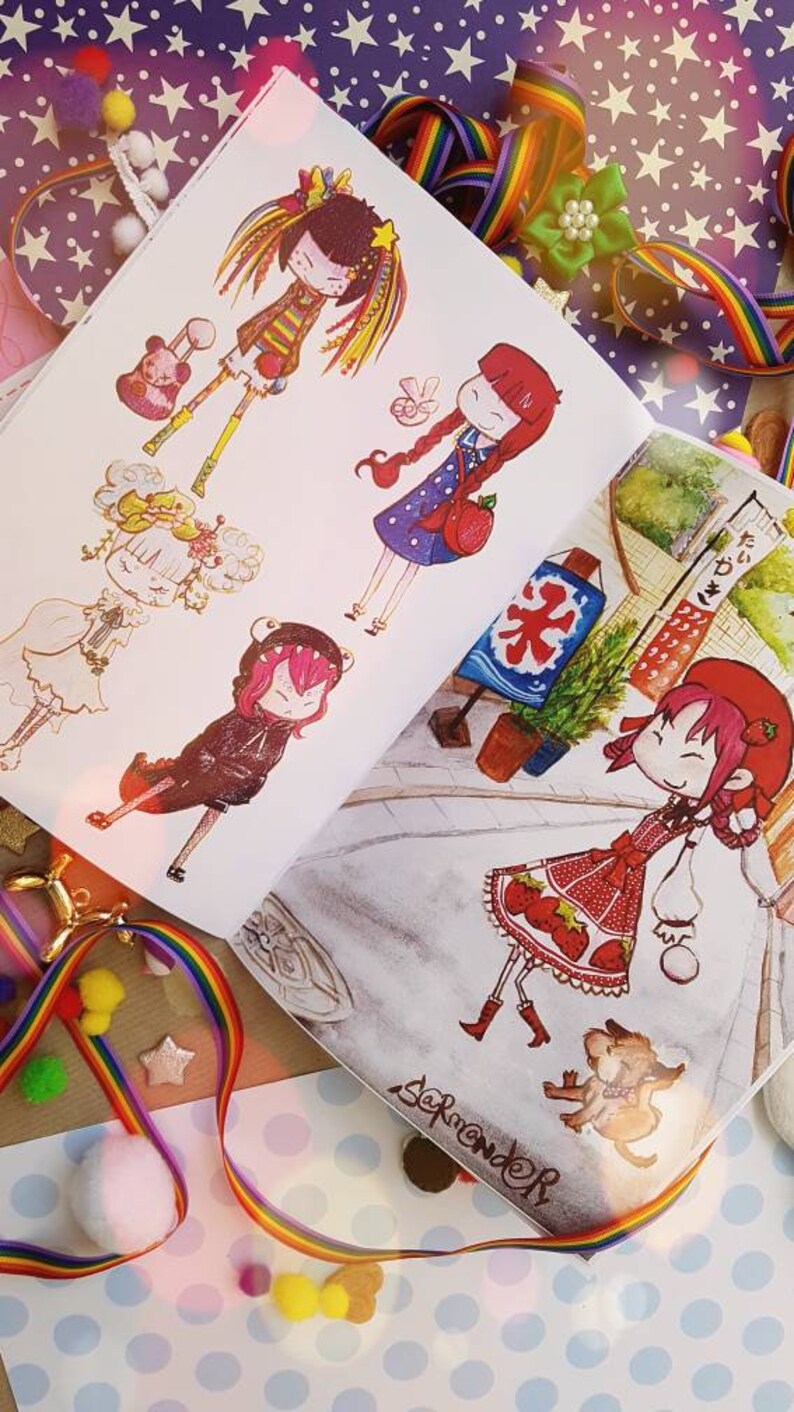 May include: An open sketchbook with colorful illustrations of cartoon characters. The characters are drawn in a whimsical style with bright colors and detailed features. The sketchbook is open to a page with a character wearing a red dress and a strawberry pattern. The page also includes the word "September" written in cursive.