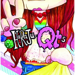 May include: A colorful illustration of a girl with red hair wearing a rainbow shirt and blue jeans. The text "Harajuku-QTs" is written in black and white. The text "A Tokyo fashion look book" is written in black on a yellow background.