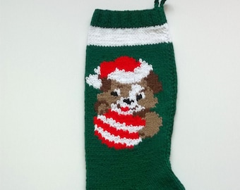 Puppy with Ornament Green Hand-Knit Christmas Stocking