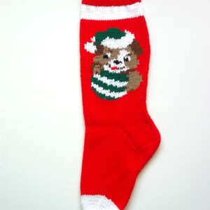 Puppy with Ornament Red Hand-Knit Christmas Stocking
